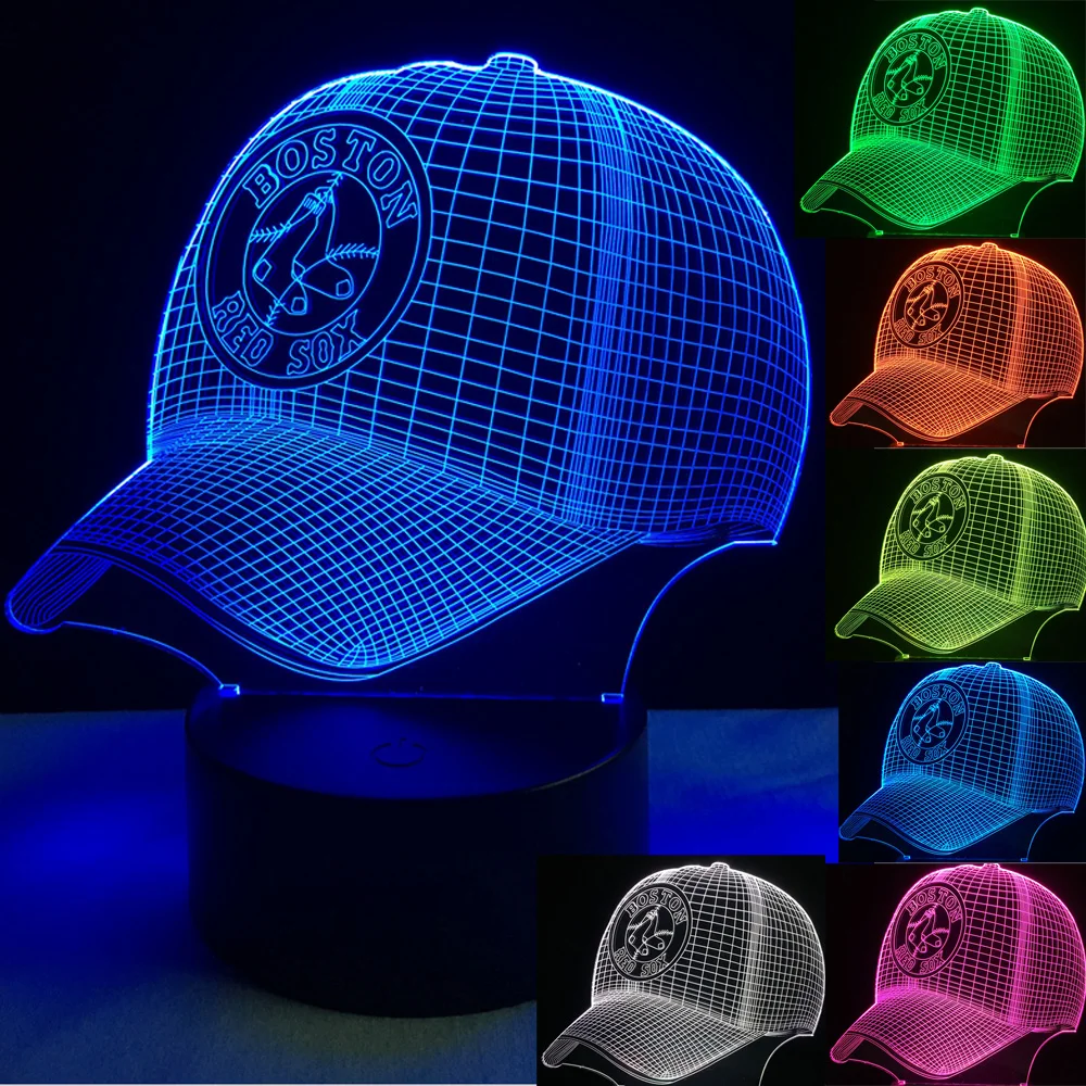 Прохладный Человек 3D шляпу Крышка Бостон Команда Бейсбол LED Иллюзия Ночник