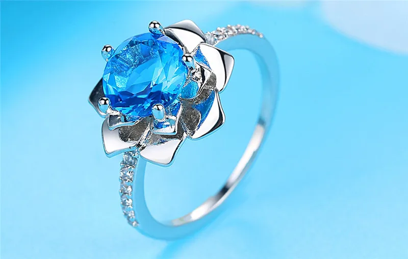 Elegant Sun Flower Round Ring Blue CZ Finger Rings Silver Color For Women Wedding Jewelry Anel Bijoux Bague Anillos Gift R501 (5)
