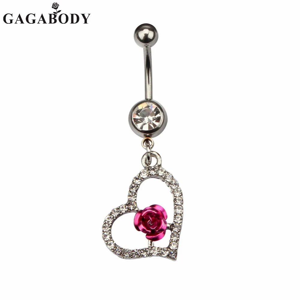 Pretty Rhinestone Pink Rose Navel Dangle Belly Barbell Button Bar Body