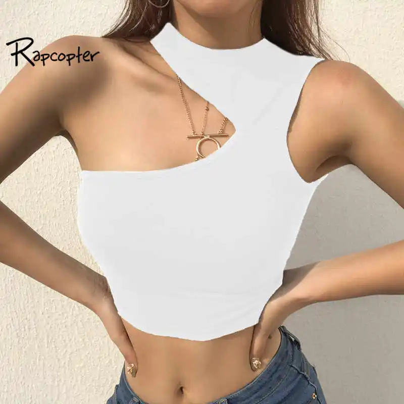 

Rapcopter Sexy Hollow Out One Shoulder Tank Top Summer Bodycon O-neck Sleeveless Crop Top 2018 Strapless Punk Solid Tank Tops