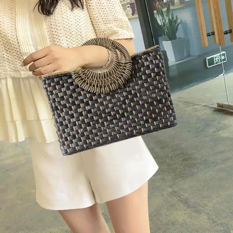 

Vintage Handmade Shoulder Handbags Women Casual Straw Woven Shopping Totes Simple Beach Knitting Top-handle Bags 2019 New
