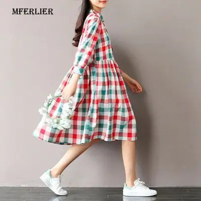 Autumn-Dress-Turn-Down-Collar-Loose-Cotton-Linen-Dress-Plaid-Print-High-Waist-Casual-Women-Autumn