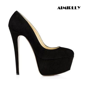

Women's shoes Round toe High Heels Pumps Platform Shoes Female Ladies Party Clubwear Heels Black Faux Suede Wedding Shoes