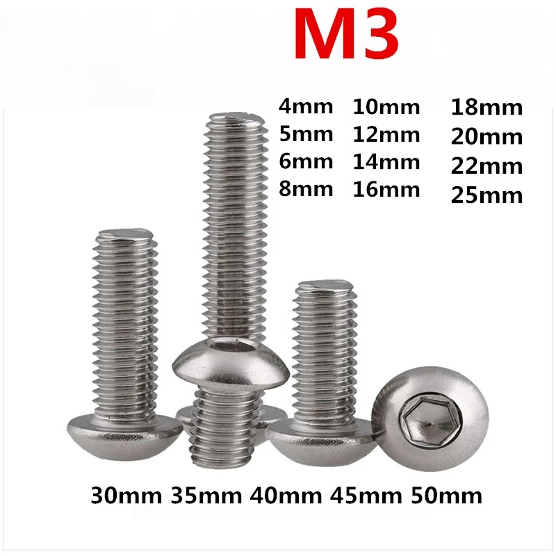 

100pcs M3 Bolt A2-70 Button Head Socket Screw Bolt SUS304 Stainless Steel M3*(4/5/6/8/10/12/14/16/18/20/22/25/30/35/40/45/50) mm
