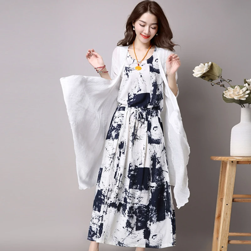 Women Summer Dress Cardigans Jacket 2 Pieces Chinese Style Long Dress  Vintage Print Maxi Dress Casual Dresses Vestido - AliExpress Women's  Clothing