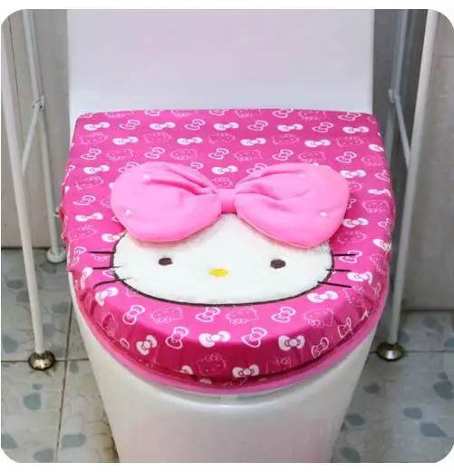 KAWAII рисунок «Hello Kitty» розовый Ванная комната санитарно сиденье, туалет коврик, Чехол для сидения+ коврик на полу+ стульчак х/б чехлом 3 шт./компл