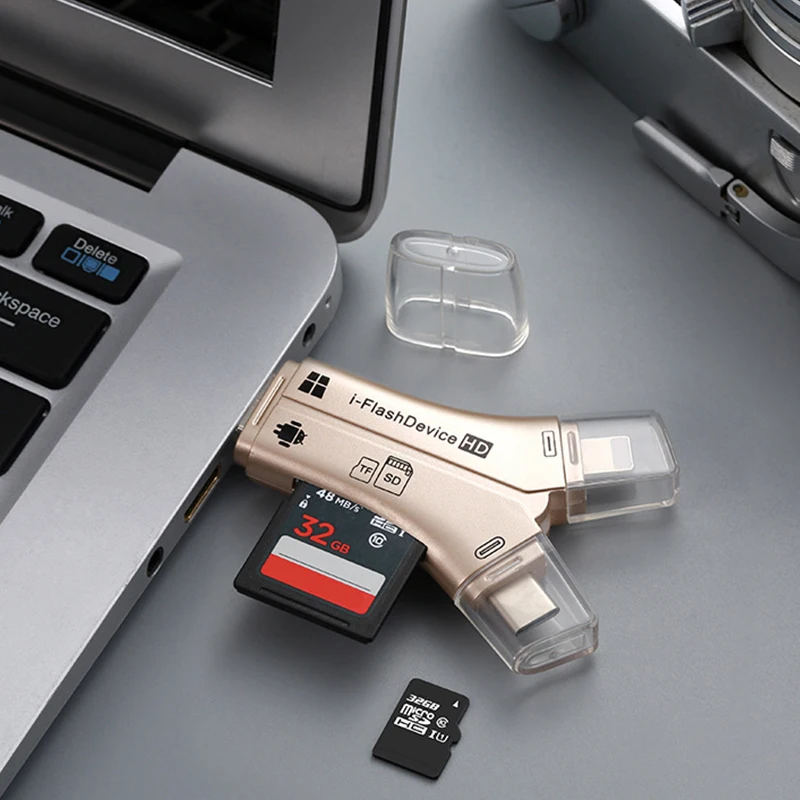 

4 in 1 Multi-function i Flash Drive USB Micro SD/TF Card Reader Adapter for iPhone 5 6 7 8 for iPad Macbook Android Phone Camera