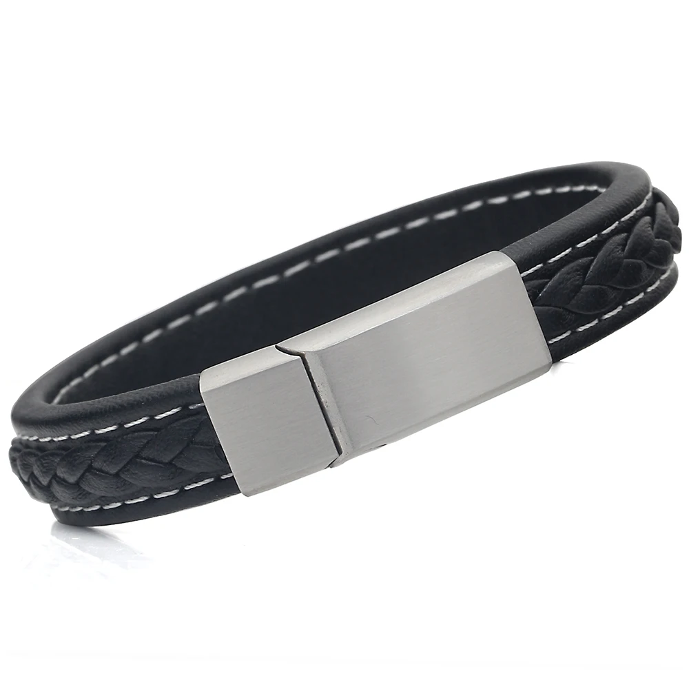 

Men Jewelry Punk Black Braided Geunine Leather Bracelet Stainless Steel Magnetic Buckle Fashion Bangles