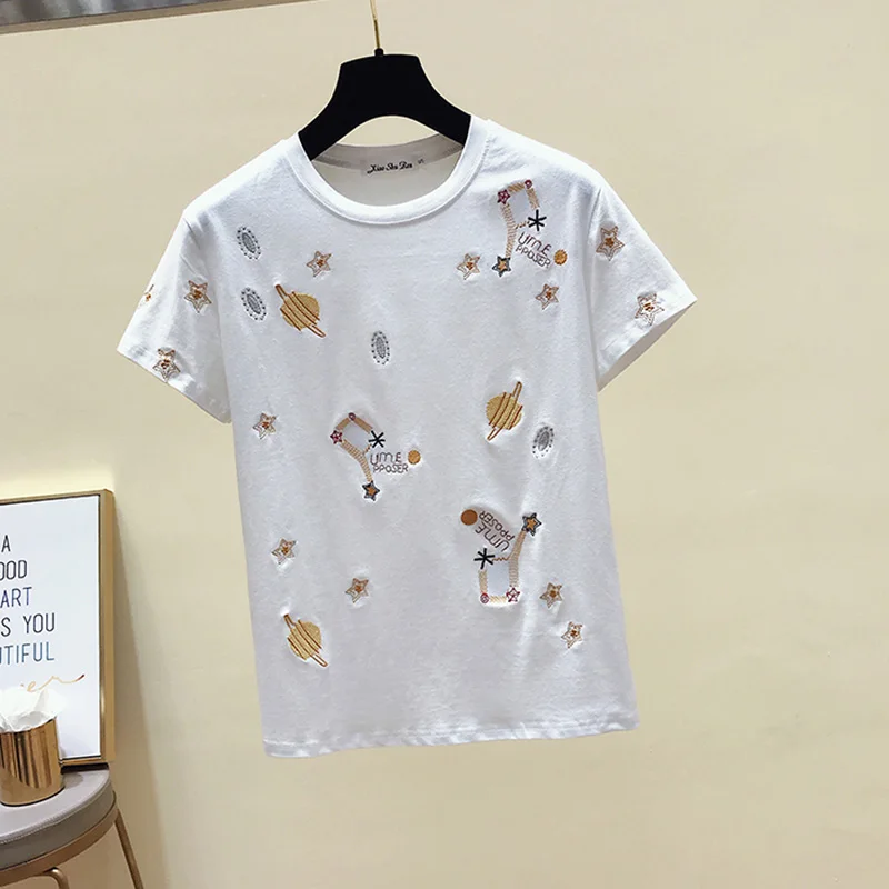 

High quality Women t shirt 2019 Summer T-shirt woman cotton t-shirt Heavy Industries Embroidered Loose Leisure T-shirt