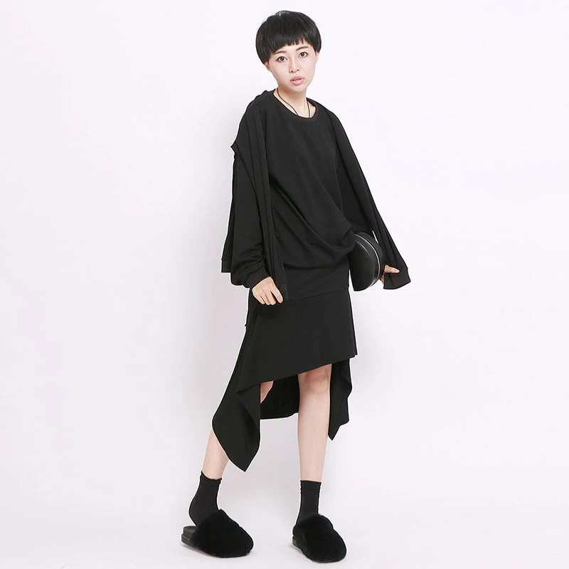 [EAM] 2019 New Spring Round Neck Logn Sleeve Black Personality Stitching Loose Big Size Sweatshirt Women Fashion JH716