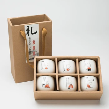 

Chinese style Kungfu ceramic tea cup small monk water cup Pu'er oolong balck tea 6pcs teacup set gift box