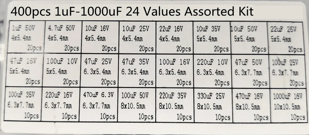 400 шт./лот 1 мкФ Ф-1000 мкФ 24 значения Ассорти Комплект электролитический конденсатор SMD алюминиевый электролитический конденсатор