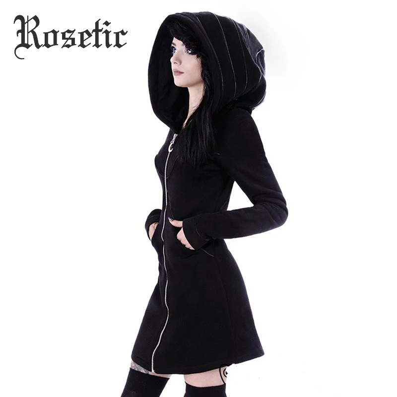 

Casual Hoodies Women Long Sleeve Outerwear Gothic New Hooded Pocket Slim Black Basic Coat Zipper Fall Winter Coats Female 2019