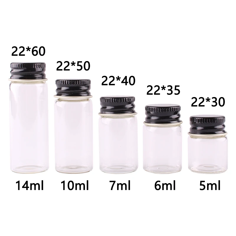 

Dia 22mm 5ml 6ml 7ml 10ml 14ml Transparent Glass Bottles Jars Vials Terrarium with Black Aluminum Lid Wedding Craft 100pcs