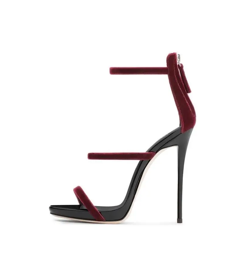 

Hot Selling Women Solid Color Flock Leather Triple Strappy Sandals Summer Hollow Out Back Zipper High Thin Heel Dress Shoes