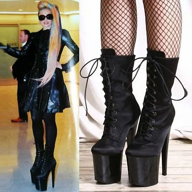 Waterproof platform women's shoes 20 cm high heel boots, sky high black boots, model pole dancing shoes