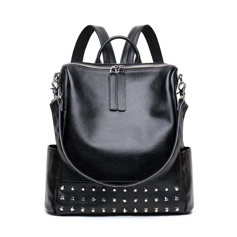 

Vintage Rivet Women Travel Backpack 100% Soft Natural Leather Genuine Cow Leather Female Backpack Large Capacity Shoulder Bag