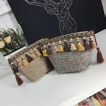 Летняя сумочка из соломы в этническом винтажном стиле с кисточками, женская вязаная маленькая сумка через плечо, шикарная Сумочка, модная сумка-тоут