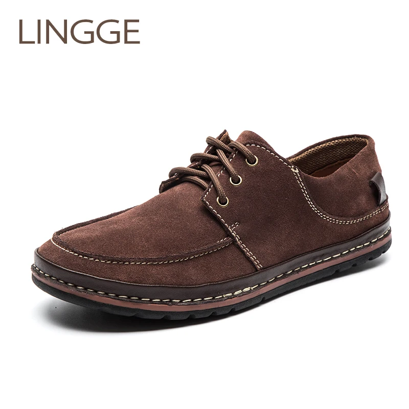 

LINGGR Brand Men's Shows Suede Lace-Up Shoes For Men Rubber Sole Non-Slip Brown Loafers Shoe Big Size Handmade Shoe