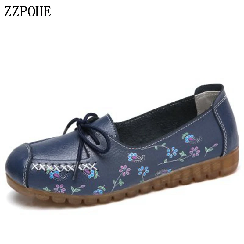 

ZZPOHE 2018 Spring Autumn Woman Shoes Women Leather Slip On Flats Shoes Ladies Lace Up Casual Soft Driving Shoes Large Size 42