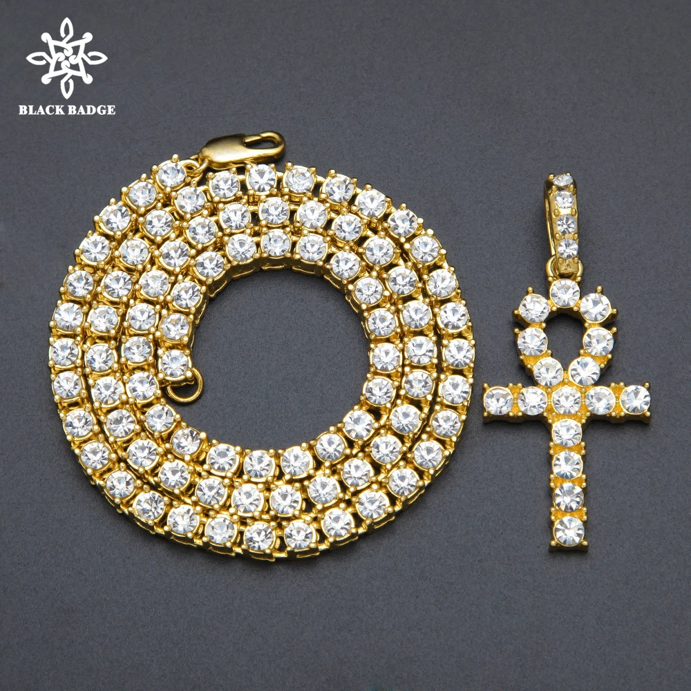 Мужская и женская подвеска из сплава в стиле хип хоп Iced Out Ankh Cross теннисная цепочка