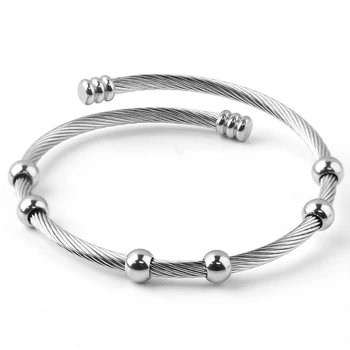 

55mm Stainless Steel Open Cuff Bangles Wired Spacer Beads Bracelets NO Fade DIY European Charms Jewelry Making Findings