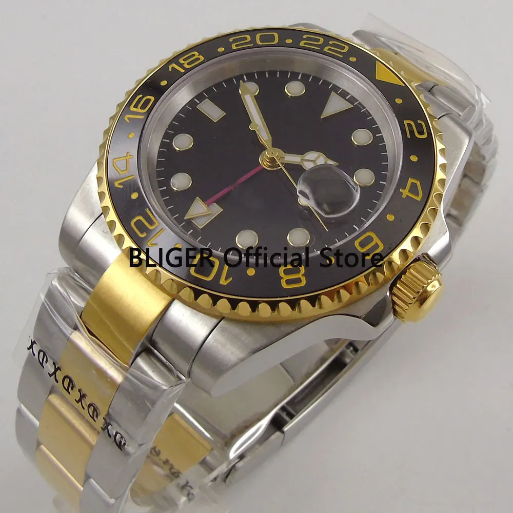 

Sapphire Crystal BLIGER 40mm Black Sterile Dial Black Ceramic Bezel GMT Function Luminous Automatic Movement Men's Watch B270