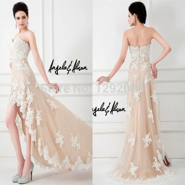 

Discount Opulent Sweetheart Appliques with Crystals Tulle Champagne and Beige Custom Made Prom Dress Short at Front Long Back