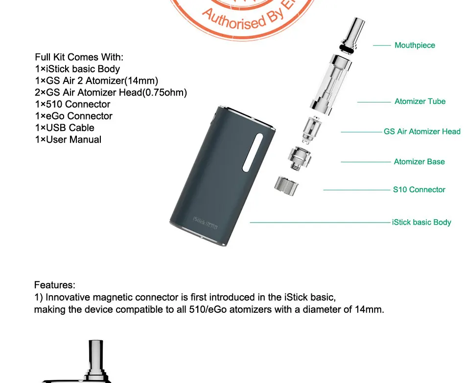 Вейпинг Вейп Электронная сигарета комплект Eleaf Basic iStick Basic 2300mah батарея с 2.0мл атомайзером GS AIR 2 Набор электронных сигарет Eleaf