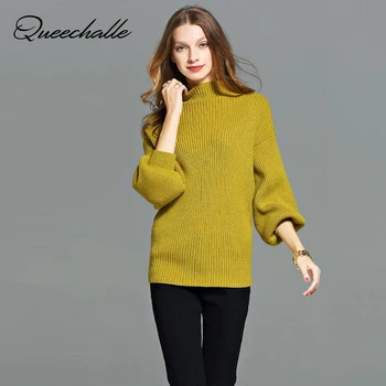 

Queechalle Yellow green Oversized Sweater for Women 2020 Autumn 5XL Plus Size Lantern Sleeve Turtleneck Knitted Pullovers