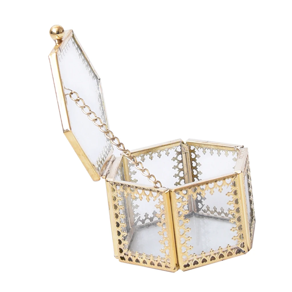 Transparent Mini Glass Hexagonal Shape Heart Jewelry Earring Ring Showcase Holder Box Wedding Party