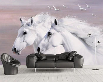 

beibehang Custom European hand painted white couple horse flying birds wallpaper 3d background wall painting papel de parede