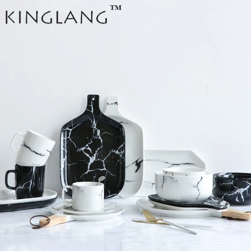 

KINGLANG European Marble Ceramic Dish Face Plate Platter Bow Black And White Dinner Porcelain Plate Tableware