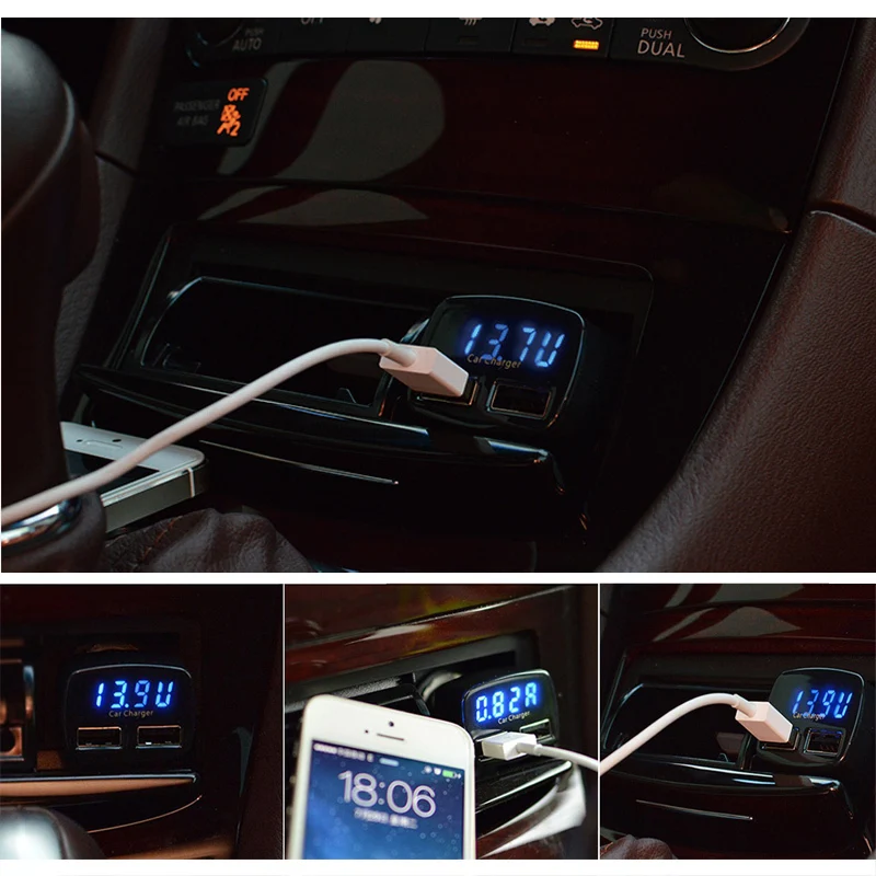 المزدوج USB شاحن سيارة محول الفولتميتر مقياس التيار الكهربائي اختبار العالمي 4 في 1 سيارة شاحن للهاتف المحمول GPS MP3
