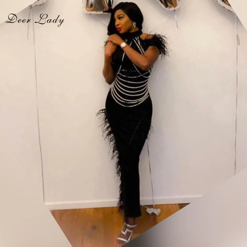 

Deer Lady Summer Bodycon Dress 2019 For Women Black Halter Cap Sleeve Maxi Plume Decoration Fashion Bodycon Dress With Feather