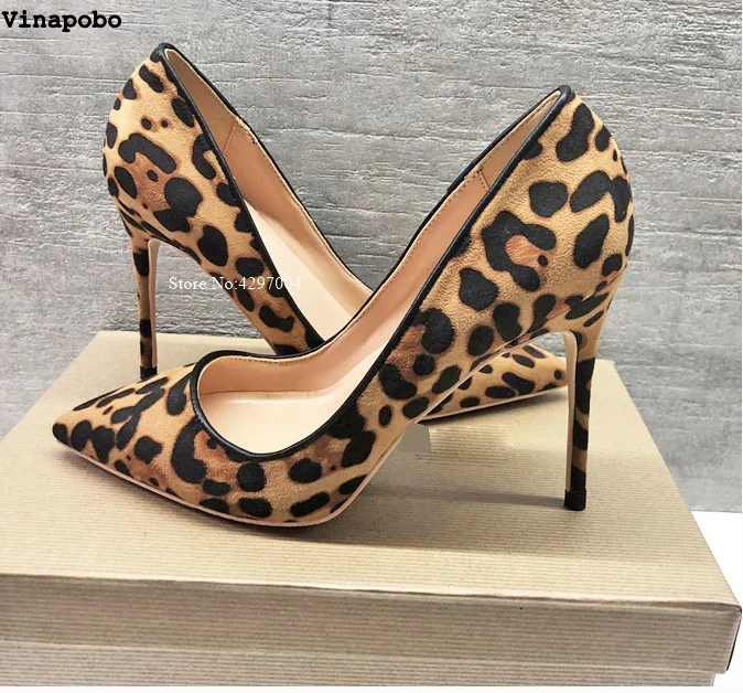 Vinapobo High Heels Leopard Shoes Women Stilettos Pumps Office Lady Pointed Toe Flock Sexy 12 cm Wedding Shoes Sapato Feminino