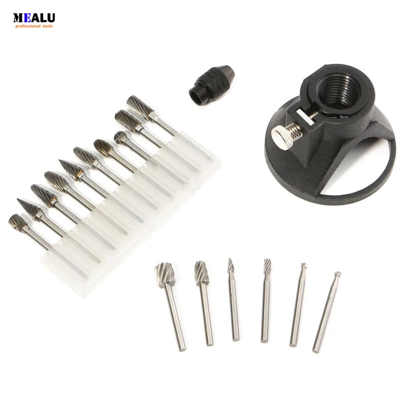 16pcs 10 Rotary Burrs + 6 Router Bits + Drill Carving Locator + Chuck