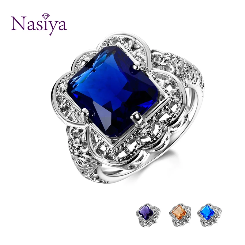 

Silver 925 Jewelry Rings for Women Blue Rectangle Spinel Diamond Ring AAA Zircon Stone Europe Wedding Brand Ring Size 6 7 8 9 10