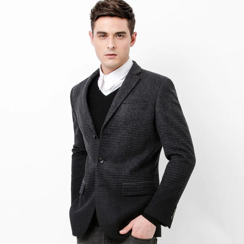 

high quality 2015 new spring autumn men slim deep grey Gradient 50% wool warm suits blazers pocket casual business coat