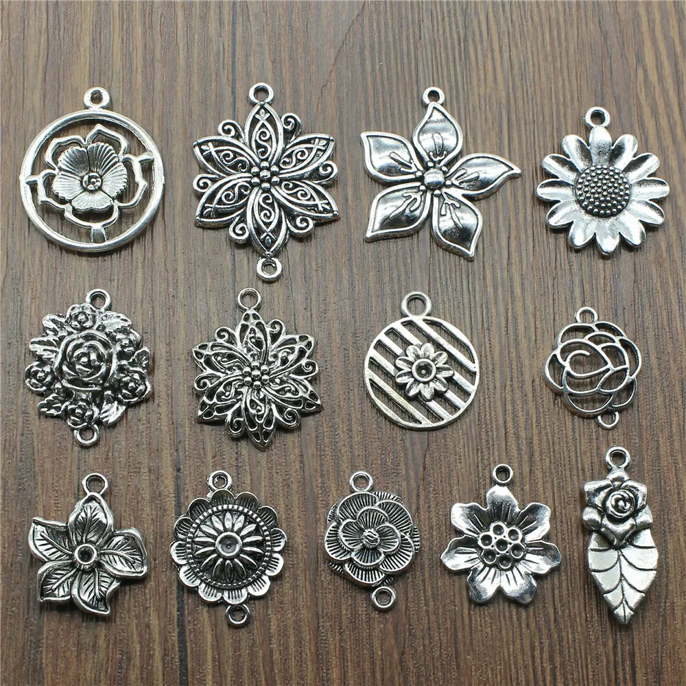 

10pcs/lot Charms Flower Antique Silver Color Flower Pendant Charms Flower Charms For Jewelry Making
