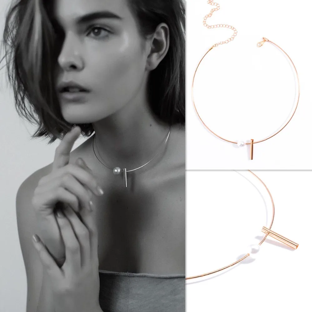 copper simulated pearl open cuff choker necklace women fashion jewelry