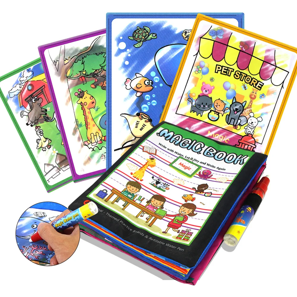 

4 Styles Cartoon Animal Water Drawing Cloth Book & 2 Magic Pens Painting Doodle Board Early Educational Toys Doodle Book for Kid