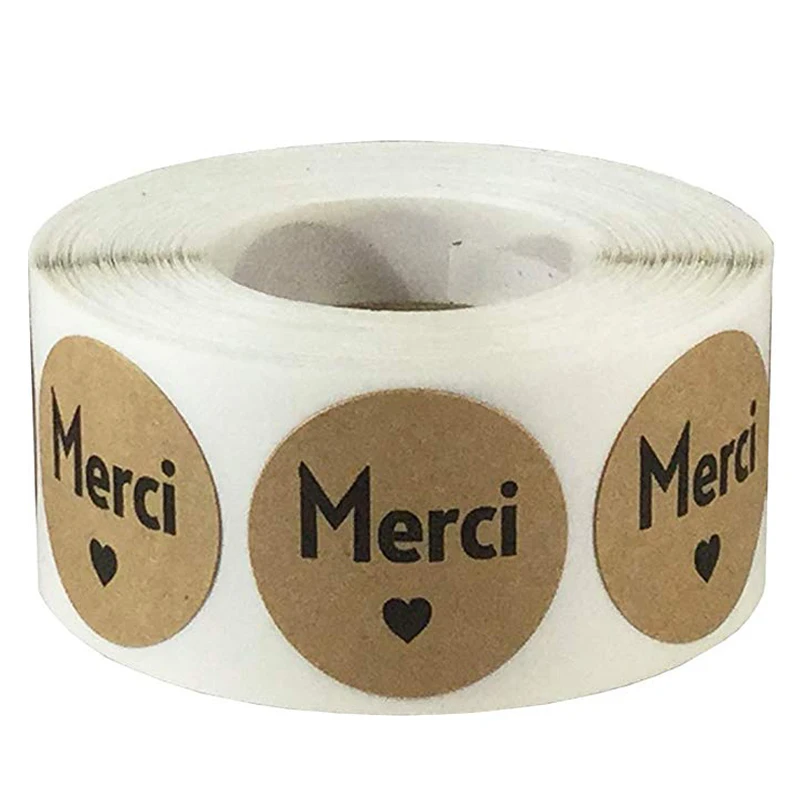 

500pcs/Roll Kraft Merci French Thank You Adhesive Stickers handmade 1Inch Round Labels for Wedding decoration Envelope Seal