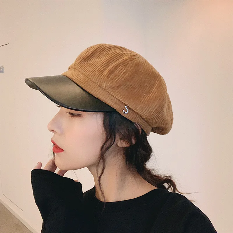 Fashion Women Hats Autumn Winter Corduroy Navy Military Hat Octagonal Hat Women Pu Leather Beret S Letter Corduroy Black Caps