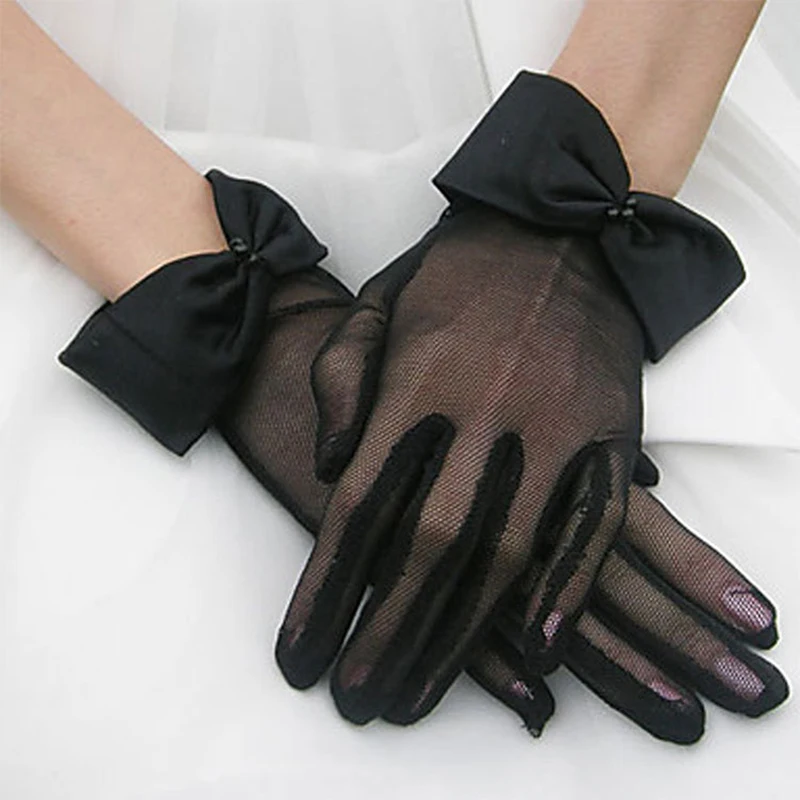 Черный, белый цвет тюль лук перчатки Леди Девушки Короткие наручные Длина перчатки женщина выпускного вечера Вечеринка костюм танец аксессуары - Цвет: Черный