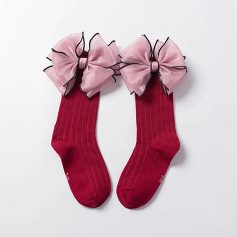 Модные носки для девочек с кружевным бантом, детские зимние носки детские гольфы длинные носки принцессы с большим бантом для девочек - Цвет: red