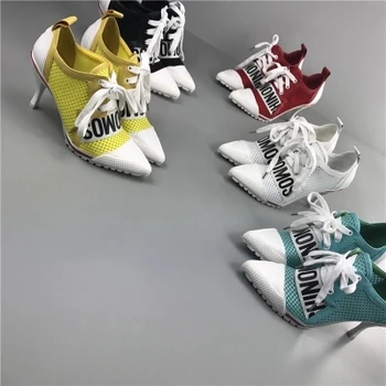 

2018 New Arrival Candy Color Pumps Shoes Women Mesh Surface Breathable Letters Lace-Up High heel 7.5CM Cross-tied Girl's Shoes