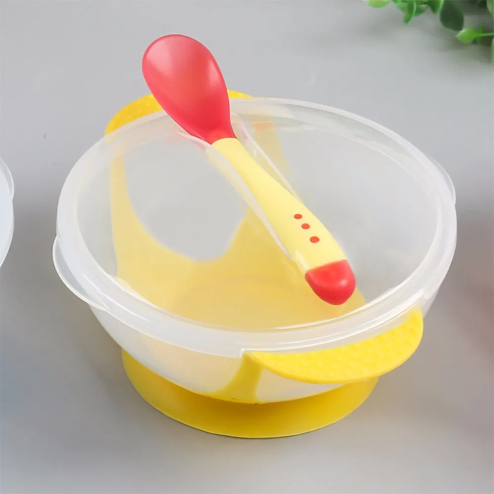 Термочувствительная ложка для кормления, детская посуда, миска для еды, обучающая посуда, служебная табличка, присоска, детские столовые приборы - Цвет: yellow