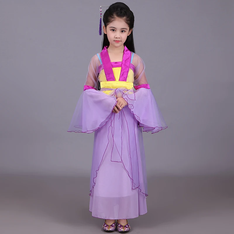 purple Детская костюм феи Hanfu элегантный Костюмы детская Китайская традиционная древний костюм Тан Королевский принцессы танцевальный костюм - Цвет: purple