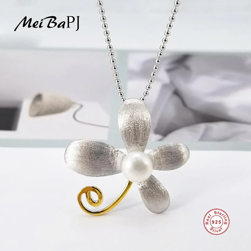 

[MeiBaPJ] Fashion Real Natural Pearl Wire Drawing Pendant Necklace 925 Sterling Silver Pendant Necklace Party Jewelry for Women
